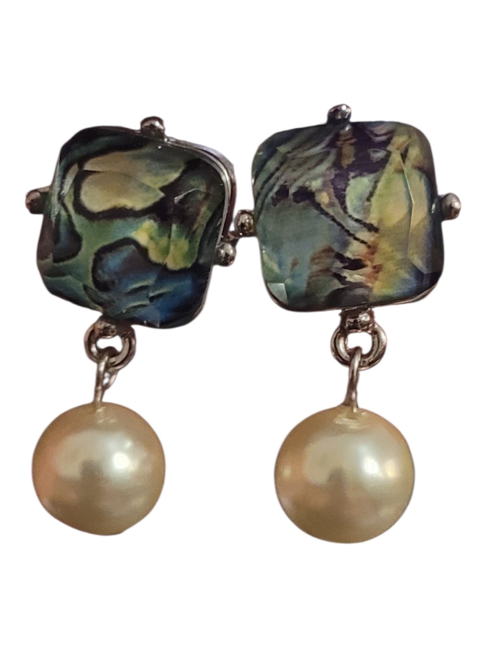 Green Marbled Gemstone and Pearl Drop Earrings
